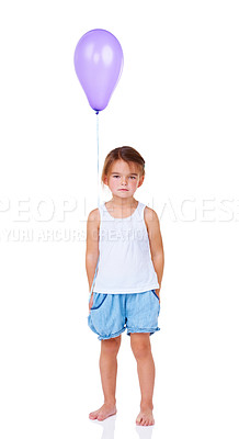Buy stock photo Portrait, balloon and a sad girl child feeling lonely in studio isolated on a white background for a party. Children, depression or unhappy with a young kid looking upset or miserable at a birthday