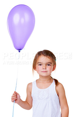 Buy stock photo Portrait, children and balloon with a girl in studio isolated on a white background at a birthday celebration. Kids, face and party with an adorable young child looking serious at a milestone event