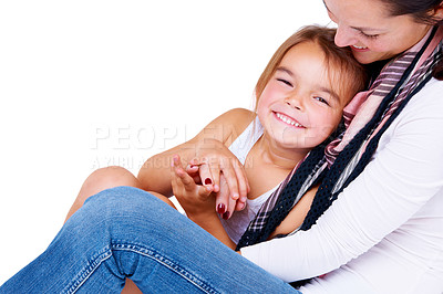 Buy stock photo Mother, daughter and hug with happiness in studio for bonding, love and relax with peace or security. Family, woman and girl child with embrace, smile and care for parenting or relationship on mockup
