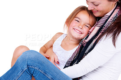 Buy stock photo Mother, daughter and hug with smile in studio for bonding, love and relax with peace or security. Family, woman and girl child with embrace, happiness and care for parenting or relationship on mockup