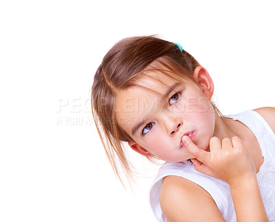 Buy stock photo Children, face and thinking with a curious girl in studio isolated on a white background for problem solving. Space, head and idea with an adorable young kid on mockup for question contemplation