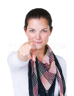 Buy stock photo Woman, portrait or pointing to you for choice, winning vote or direction of accountability in studio on white background. Feedback, hiring and emoji of recruitment, volunteer or invitation to join us