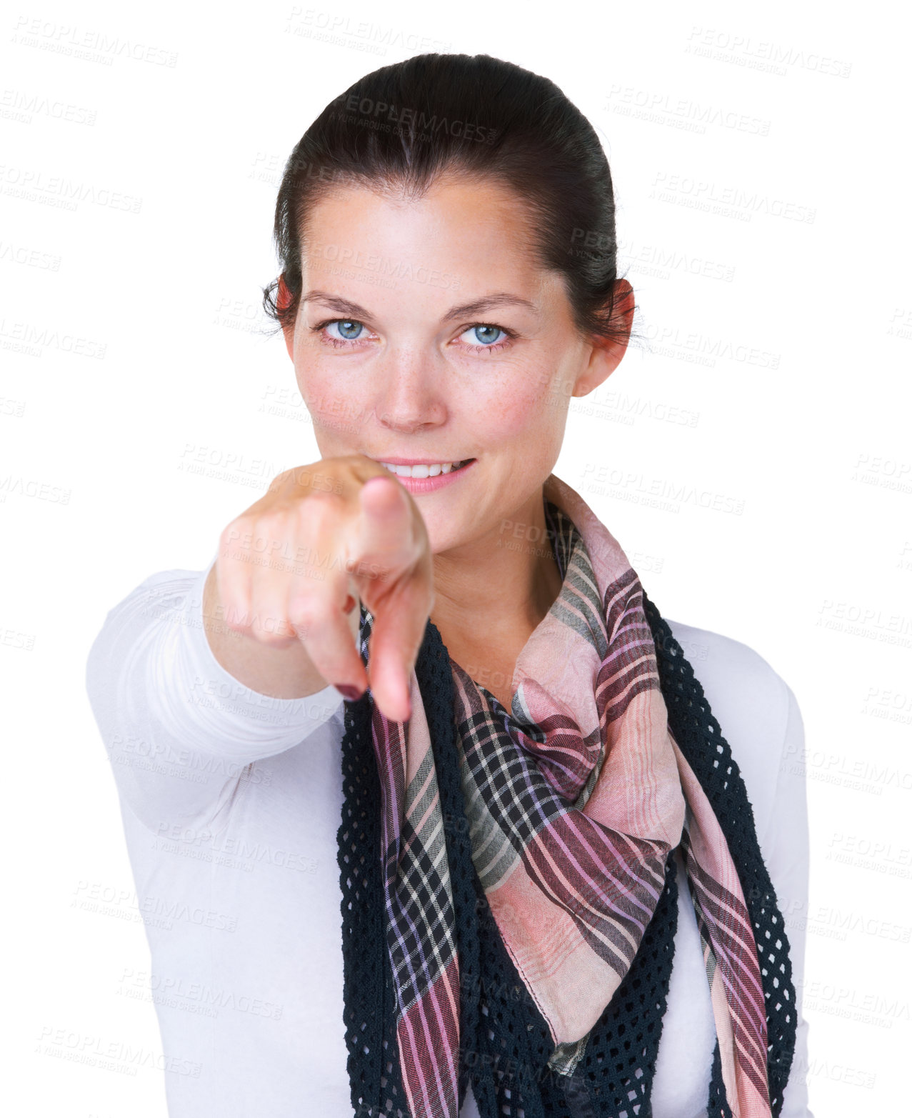 Buy stock photo Woman, portrait and pointing to you in studio for choice, vote and decision for volunteering on white background. Winner, attention and finger emoji for recruitment, hiring and invitation to join us 