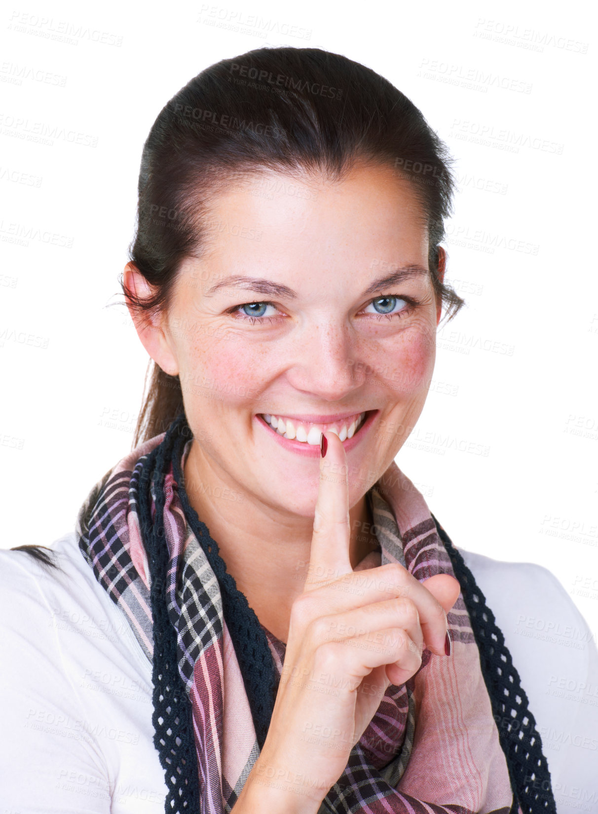 Buy stock photo Portrait of an attractive young woman with her finger on her lips