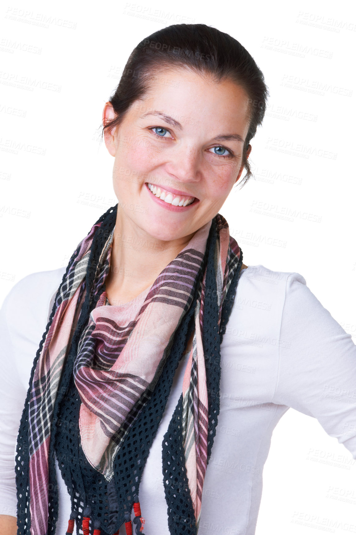 Buy stock photo Portrait, smile and  fashion with a trendy woman in studio isolated on a white background for style. Face, model and confident with a happy young person in a scarf for casual clothes outfit accessory