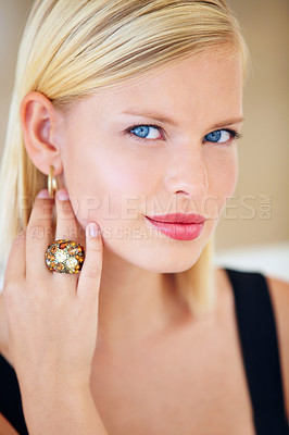 Buy stock photo Woman, portrait and smile for fashion in closeup, jewelry and elegant or beauty, skin and cosmetics. Happy female person, stylish and face of businesswoman, earrings and accessories for wellness
