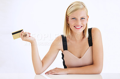 Buy stock photo Woman, smile and credit card for shopping, portrait and payment or fintech, investment and banking. Happy female person, finance and saving or plastic, studio and white background, transfer or mockup