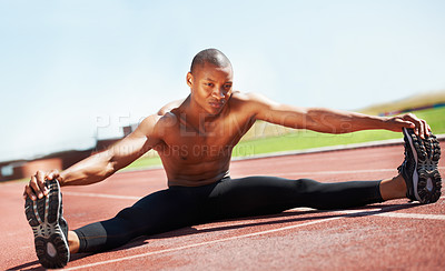 Buy stock photo Man, athlete and stretching legs on floor, outdoors and fitness for health, sports and performance. Black male person, ready and warmup on track, workout and commitment in training, start and cardio