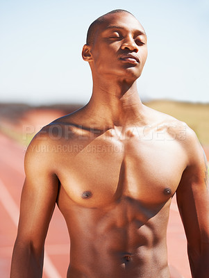 Buy stock photo Man, eyes closed and breathing for fitness by outside for training, practice and calm for athletics, track and field. Black person, relaxing and peaceful for warm up for workout, health or wellness