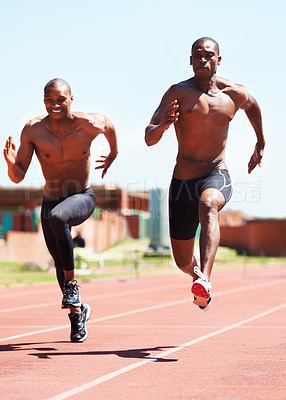Buy stock photo Man, athlete and running and competitive for race on track with practice for competition. Black people, together and passion for sport with dedication, motivation or determination on face for winning