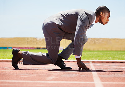 Buy stock photo Business, start and black man with focus, race track and competition with determination, run and goal. Male person, entrepreneur or employee in a suit, marathon and runner with a challenge and career
