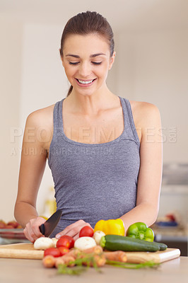 Buy stock photo Woman, thinking and happy with knife or vegetables for nutrition, cooking or healthy meal in kitchen of home. Person, face and chopping board with mushroom, peppers and carrots for wellness and diet