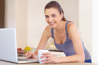 Buy stock photo Portrait, laptop and coffee with a woman in the kitchen of her home to study or relax in the morning. Computer, smile and tea with a happy young person in the apartment for research or social media