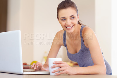 Buy stock photo Laptop, coffee and smile with a woman thinking in the kitchen of her home in the morning for education. Computer, idea and research with a happy young person typing an email for communication