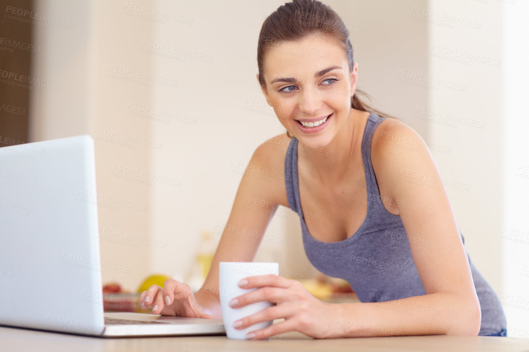 Buy stock photo Laptop, coffee and smile with a woman thinking in the kitchen of her home in the morning for education. Computer, idea and research with a happy young person typing an email for communication