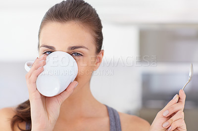 Buy stock photo Portrait, happy and a young woman drinking coffee in the kitchen of her home to wake up in the morning. Face, wellness and time off with a person in an apartment to enjoy a warm caffeine beverage