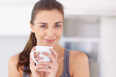 Buy stock photo Woman, portrait and smile in kitchen with coffee, espresso or cappuccino for morning break or peace. Person, face and happy with beverage or herbal tea for relax, positivity or motivation in home