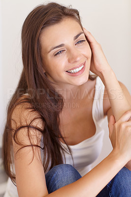 Buy stock photo Relax, thinking and smile with a young woman in studio on a white background for quiet contemplation. Idea, memory or calm with a happy person daydreaming and chilling on the floor of her apartment