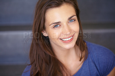 Buy stock photo Portrait of a happy young woman