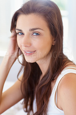 Buy stock photo Smile, bedroom and portrait of woman in morning, wake up and natural wellness in home on calm summer weekend. Relax, healthy rest and peace for happy face of girl in house, apartment or hotel room.