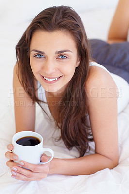 Buy stock photo Coffee, bed and portrait of happy woman in morning, wake up or natural wellness in home on calm summer weekend. Relax, drink and peace, smile on face and girl in apartment, bedroom or house with rest