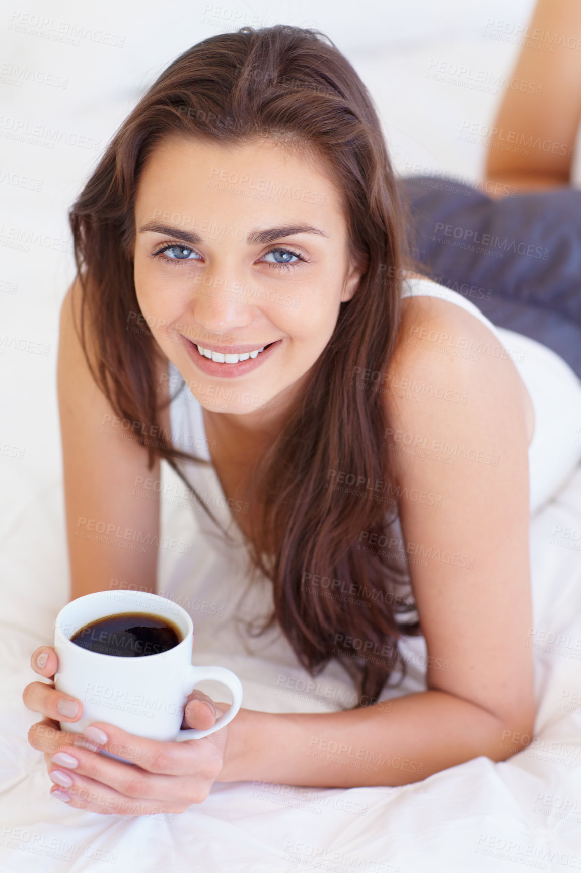 Buy stock photo Coffee, bed and portrait of happy woman in morning, wake up or natural wellness in home on calm summer weekend. Relax, drink and peace, smile on face and girl in apartment, bedroom or house with rest