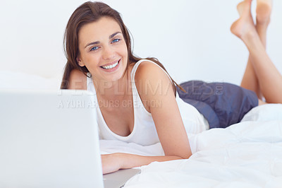 Buy stock photo Laptop, bed and portrait of happy woman in morning checking email, schedule or social media post in home. Relax, rest and peace, happy girl with computer and online in apartment, house or bedroom.