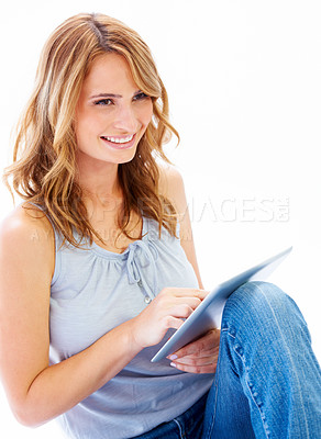 Buy stock photo Thinking, tablet and social media with a woman in studio isolated on a white background browsing the internet. Idea, technology and research with a happy young female person scrolling online