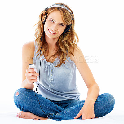 Buy stock photo Woman, headphones and music electronics in studio for online streaming, listening or radio playlist. Female person, white background and audio hear for album happy or sound joy, track for relax fun