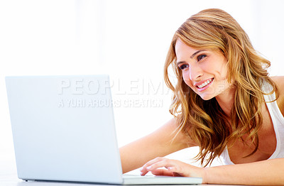 Buy stock photo Woman, laptop and smile in studio white background for online connection, floor or study email. Female person, model and face for mockup space for digital learning or social media, research on web