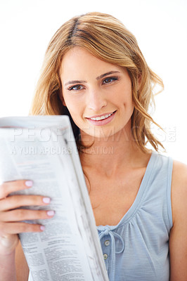 Buy stock photo Woman, reading and newspaper with smile, studio or update for global sports, financial index and info. Girl, paper and happy for international news, headline and story with idea by white background