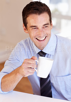 Buy stock photo Coffee cup, happy and business man drink hot chocolate, warm coco liquid or morning wellness beverage. Smile, relax and professional person looking at view with latte, cappuccino or green tea mug
