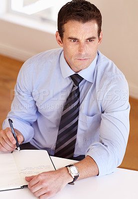 Buy stock photo Businessman at desk thinking, writing and notes for market research, business plan and insight at startup. Office, notebook and man with schedule, agenda or to do list in book with ideas for project.