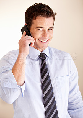 Buy stock photo Phone call, portrait and happy business man consulting, discussion and talking with corporate company contact. Communication, cellphone and professional sales agent negotiation, conversation or chat