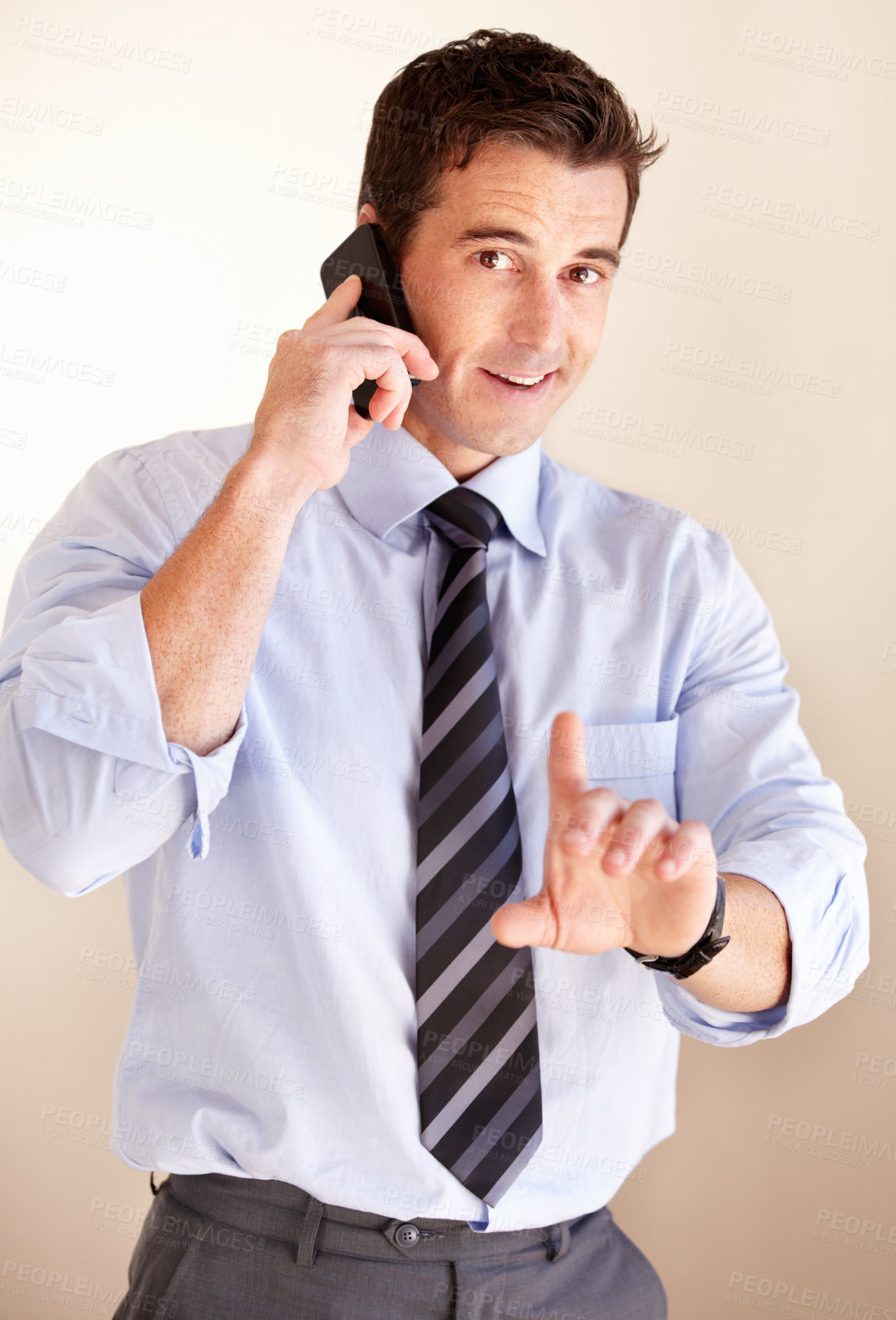 Buy stock photo Phone call, portrait and business man stop, pause or wait gesture for consultation interruption, discussion and talking with contact. Hand sign, cellphone and agent negotiation, conversation or chat