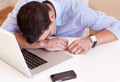 Buy stock photo Business man, sleep and laptop at desk in office with fatigue, frustrated or tired for stress in workplace. Accountant, computer and burnout with smartphone, exhausted or overtime at financial agency