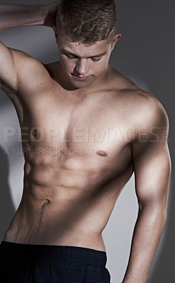 Buy stock photo Man, abs and muscle in studio with underwear, shirtless or confident for healthy body by white background. Person, topless model and exercise for bodybuilder with pride, strong or thinking for vision