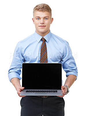 Buy stock photo Business man, portrait and laptop screen in studio for advertising information, news update and web promotion on white background. Computer, mockup space and presentation of corporate ads coming soon