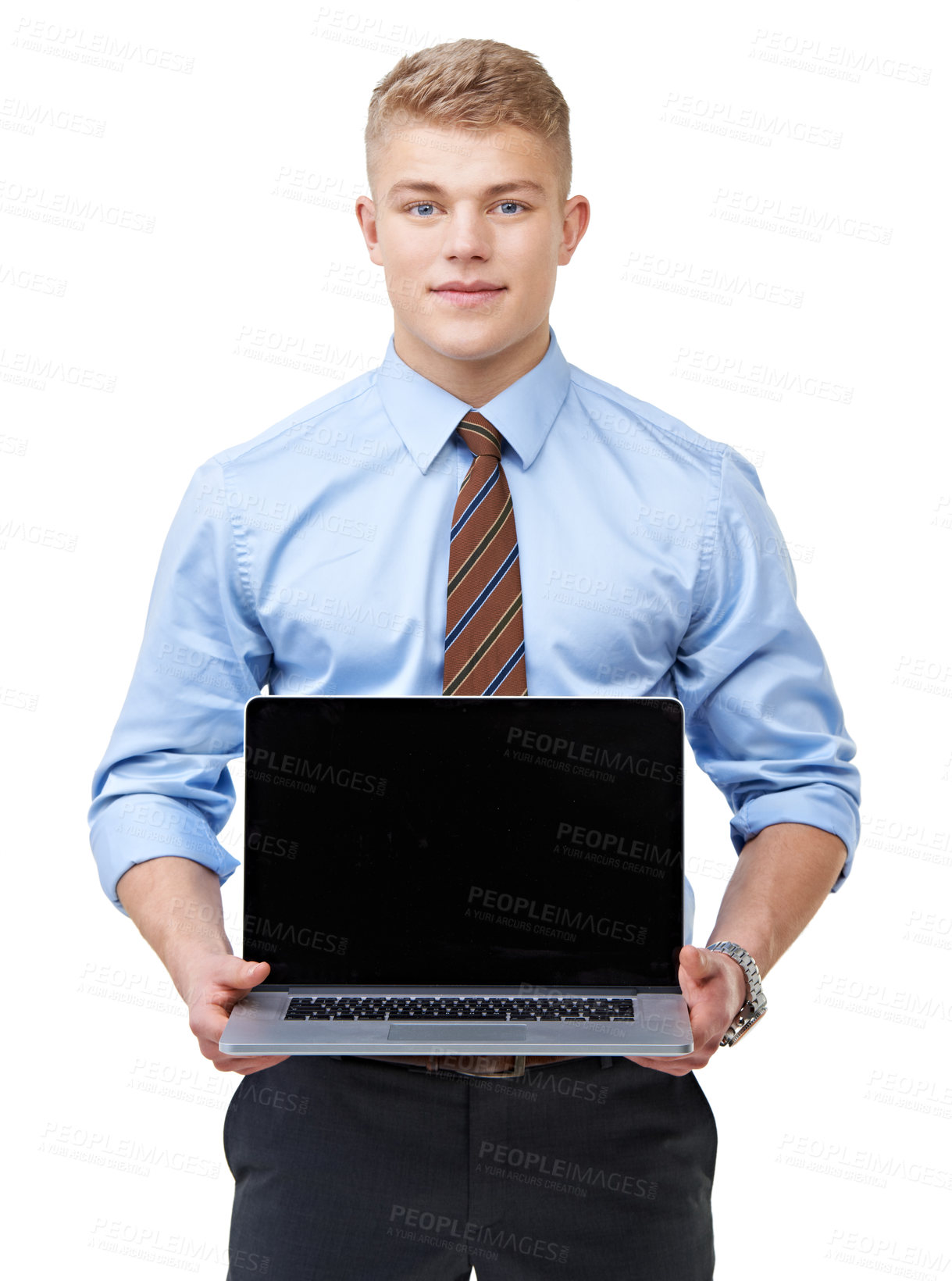 Buy stock photo Business man, portrait and laptop screen in studio for advertising information, news update and web promotion on white background. Computer, mockup space and presentation of corporate ads coming soon