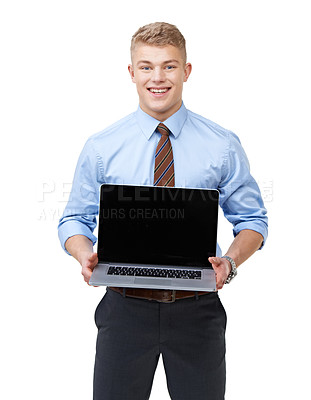 Buy stock photo Portrait, business man and advertising laptop screen, information and promotion coming soon in studio. Computer, mockup space and smile for review, presentation and corporate news on white background