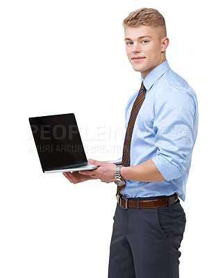 Buy stock photo Portrait, business man and laptop screen in studio for advertising online update, information and promotion on white background. Computer, mockup and space for website, presentation and corporate ads