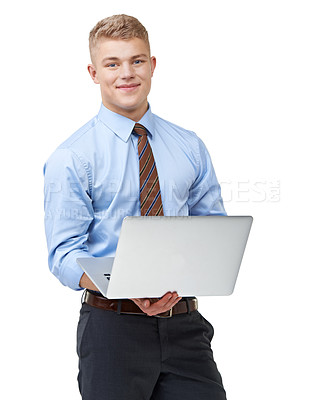 Buy stock photo Portrait, business man and laptop in studio for online economy report, investment information or review stock market news. Happy salesman, financial broker and working on computer on white background