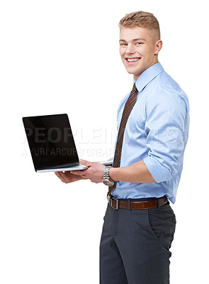 Buy stock photo Portrait, business and happy man at laptop screen in studio for advertising information, news and promotion on white background. Computer, mockup and space for review, presentation or corporate email