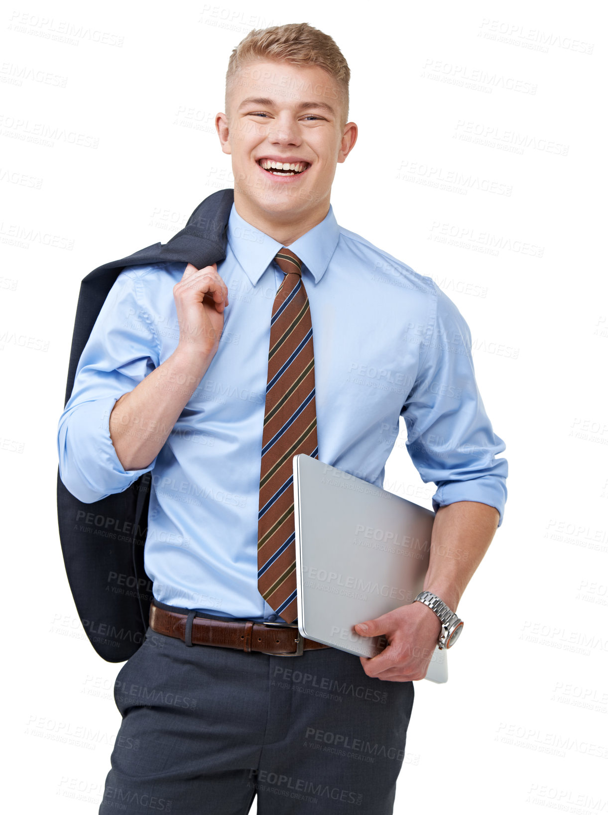 Buy stock photo Young, businessman and portrait with laptop or smile for research, communication or networking in studio. Entrepreneur, person and face with happy or confidence for internship on white background