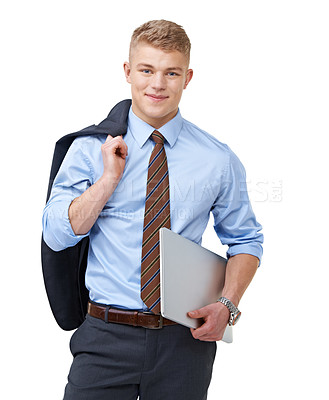 Buy stock photo Young, businessman and portrait with laptop or happy for research, communication or networking in studio. Entrepreneur, person and face with smile or confidence for internship on white background