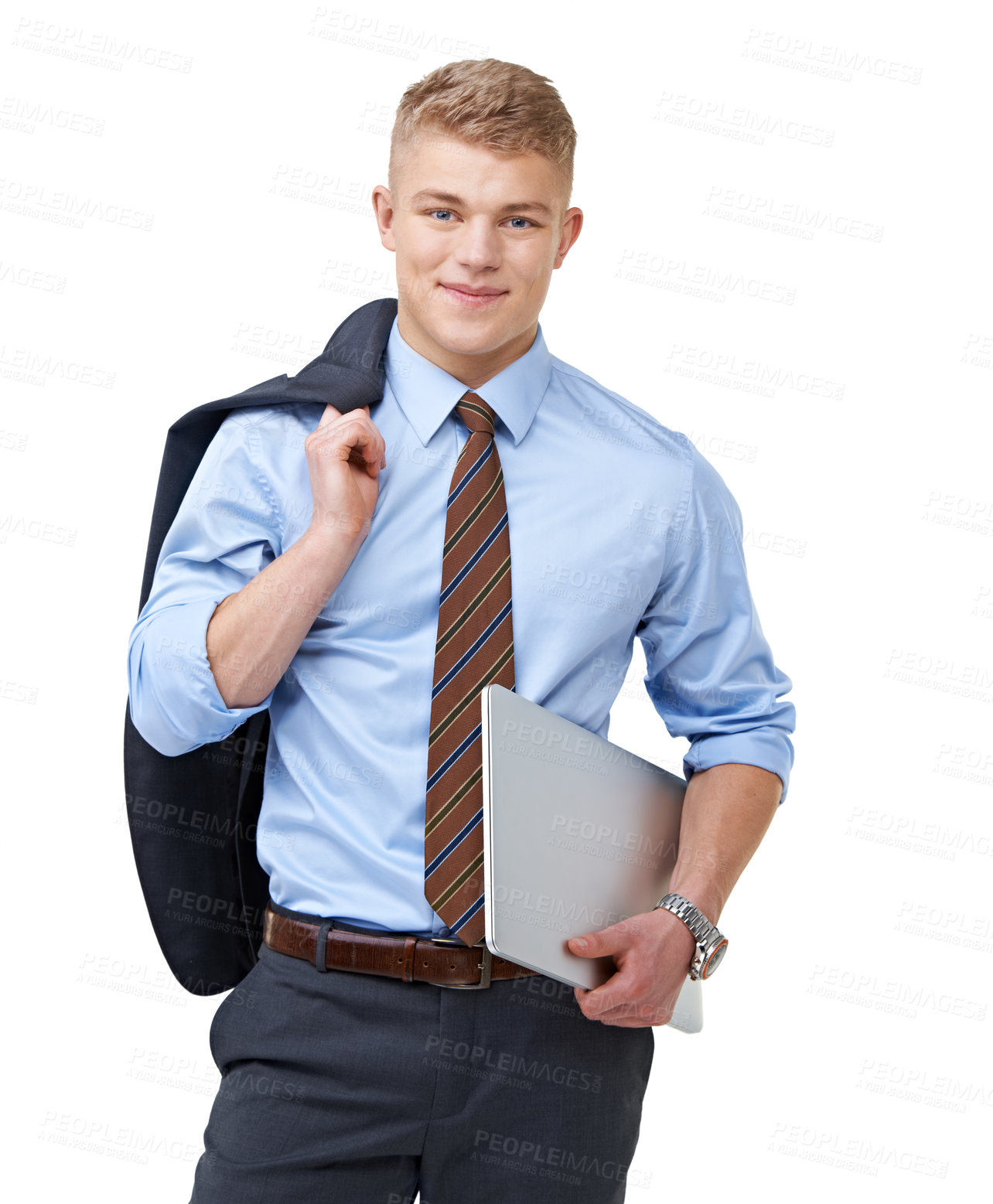 Buy stock photo Young, businessman and portrait with laptop or happy for research, communication or networking in studio. Entrepreneur, person and face with smile or confidence for internship on white background