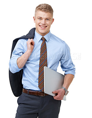 Buy stock photo Young, businessman and portrait with laptop or smile for research, communication or networking in studio. Entrepreneur, person and face with happy or confidence for internship on white background