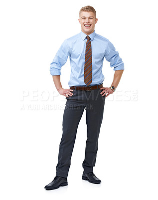 Buy stock photo Man, consultant and smile for portrait, employee and professional on white background. Confident, young and workplace for career, financial clerk and businessman for startup, job and corporate

