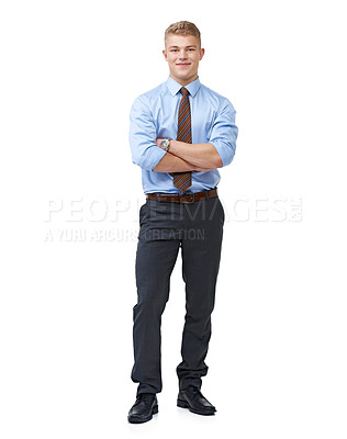 Buy stock photo Businessman, arms crossed and smile for portrait, employee and professional on white background. Confident, young and workplace for career, financial clerk and man for startup, job and corporate
