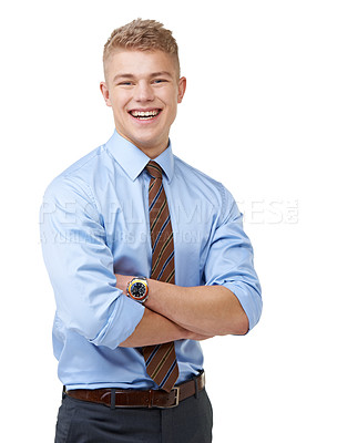 Buy stock photo Young, businessman and portrait with arms crossed or happy in studio for startup, career and confidence. Entrepreneur, person or laugh and pride or positive mindset for internship on white background